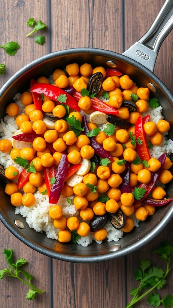 A colorful chickpea stir-fry with bell peppers and rice in a frying pan.