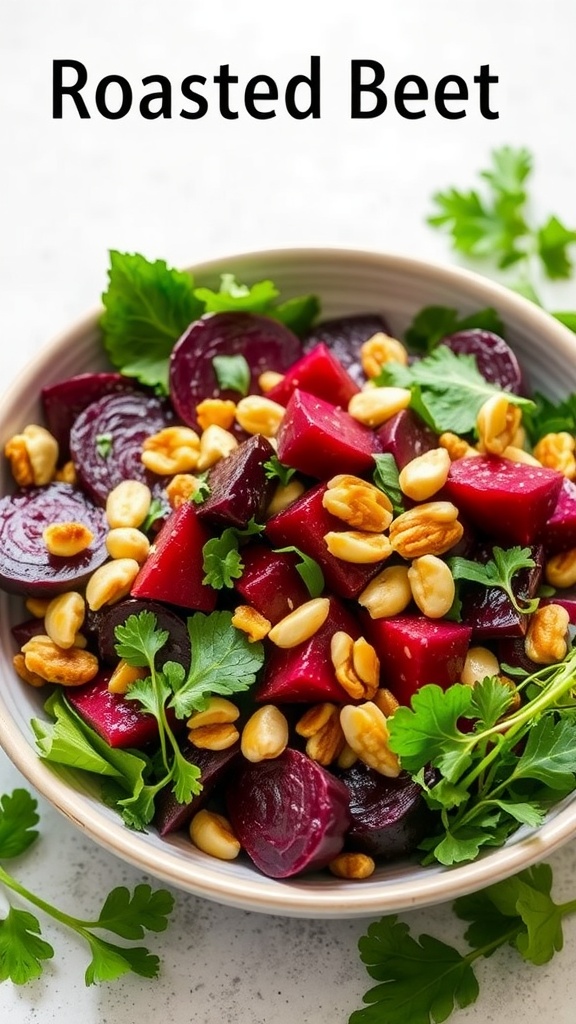 A bowl of roasted beet salad with beets, nuts, and fresh herbs.