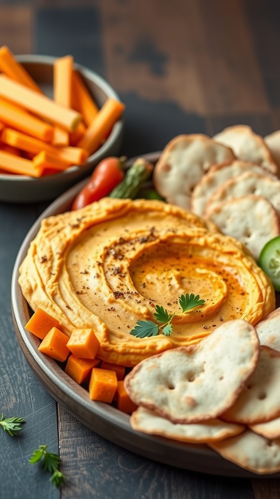 A plate with roasted carrot hummus dip, carrot sticks, cucumber slices, and pita chips