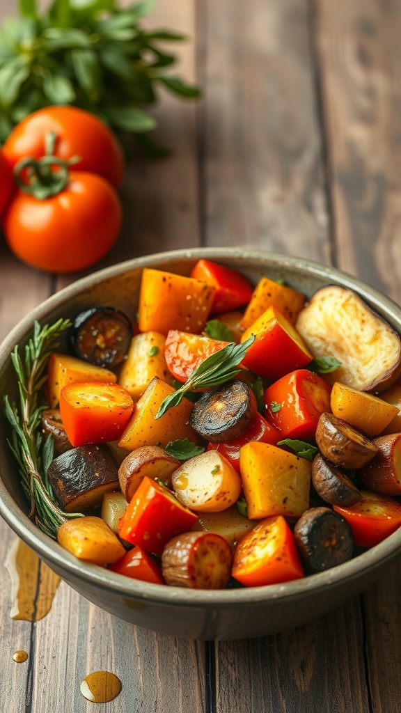 A colorful bowl of roasted vegetables including bell peppers, mushrooms, and squash, garnished with herbs.