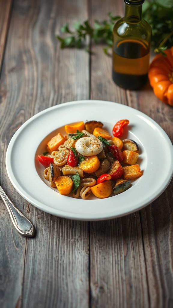 A plate of roasted vegetable pasta with colorful veggies and olive oil on a wooden table