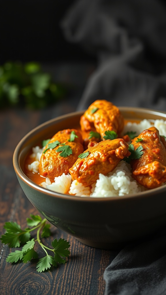 A bowl of rotisserie chicken curry served over rice, garnished with cilantro.