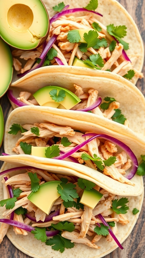 Three rotisserie chicken tacos topped with avocado, cilantro, and red onion on a wooden surface