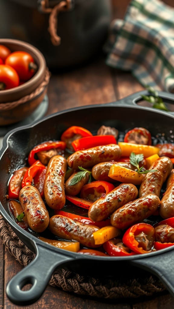 A skillet filled with cooked sausages and colorful bell peppers, showcasing a delicious meal.