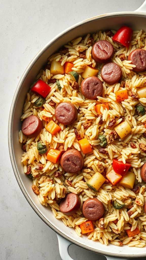 A delicious sausage and rice casserole with colorful vegetables.