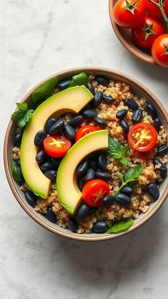 A bowl of quinoa and black beans topped with avocado slices, cherry tomatoes, and herbs.