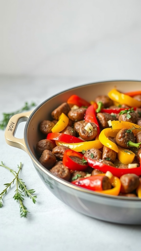 A delicious sausage and peppers bake in a stylish dish, featuring colorful bell peppers and savory sausage.