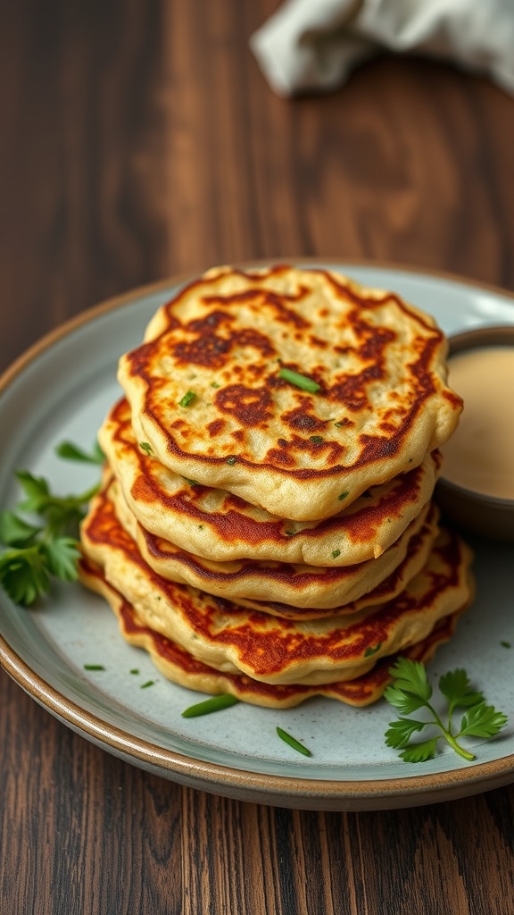 A stack of savory vegetable pancakes on a plate with a small bowl of dipping sauce.