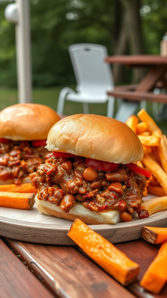 A plate of Sloppy Joe sliders with sweet potato fries.