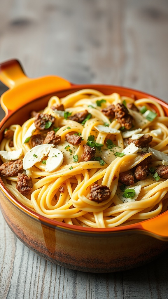 A serving of Sour Cream Noodle Bake, featuring creamy noodles topped with ground meat and garnished with herbs.