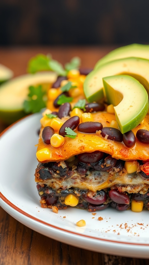 Hearty slice of Southwestern Black Bean Casserole topped with avocado and cilantro.