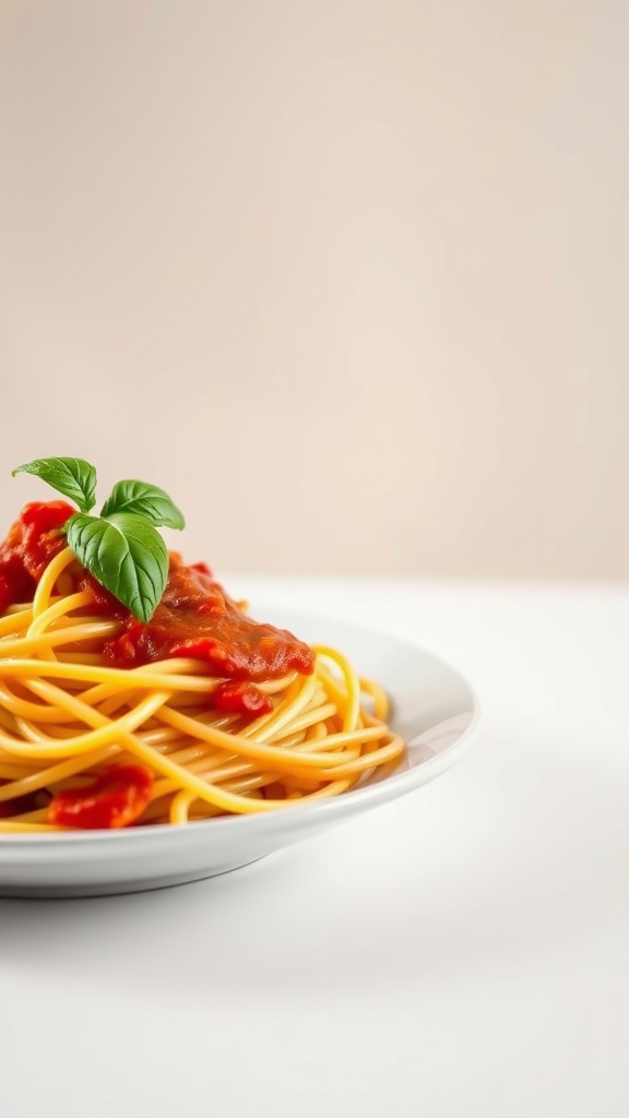 A plate of spaghetti topped with marinara sauce and fresh basil