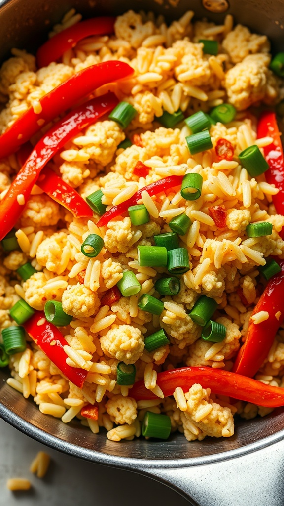 A close-up view of spicy cauliflower rice stir-fry with red bell peppers and green onions.