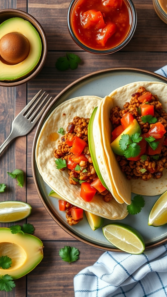 A plate of spicy lentil tacos with tomato and cilantro toppings, alongside fresh lime and avocado.