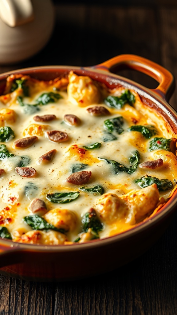 A delicious spinach and artichoke casserole topped with melted cheese, showcasing vibrant green spinach and artichoke hearts.