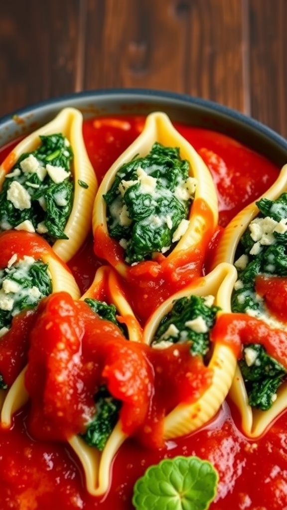 A plate of spinach and cheese stuffed pasta shells in a rich tomato sauce