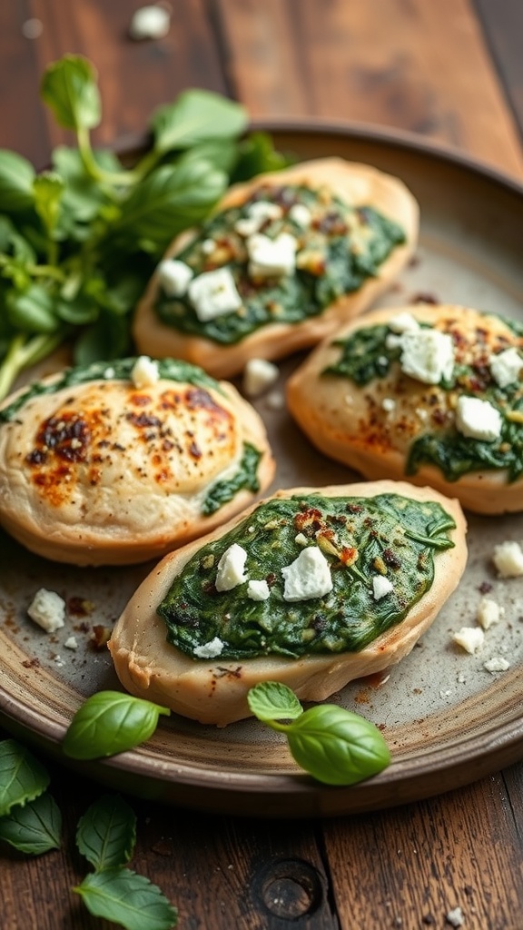 Four stuffed chicken breasts with spinach and feta on a plate, garnished with basil.