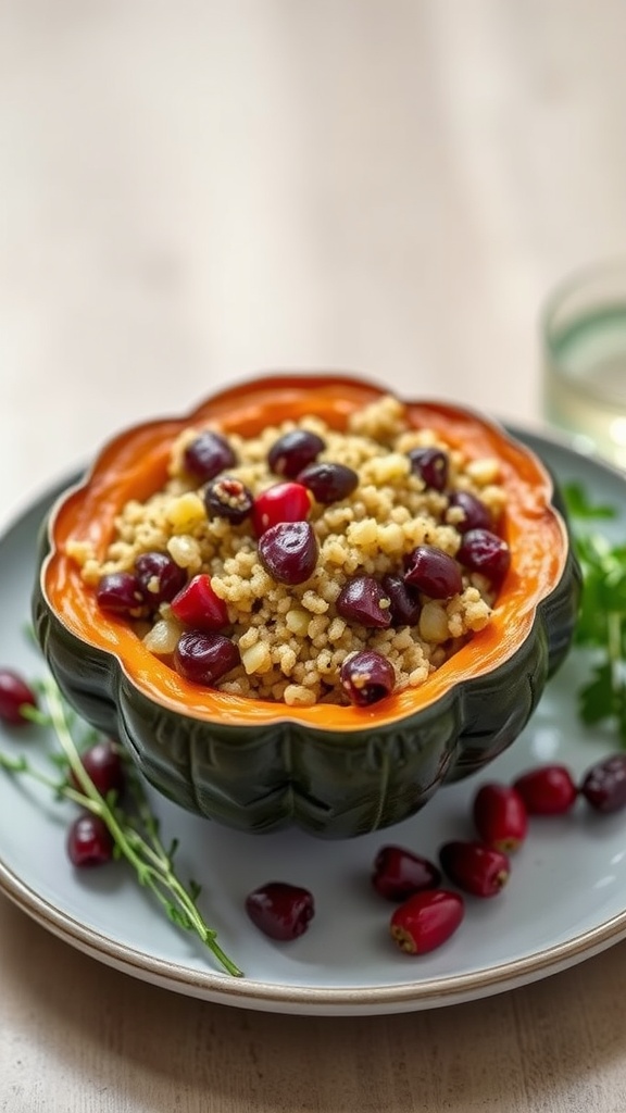 Stuffed acorn squash filled with grains and beans, garnished with herbs