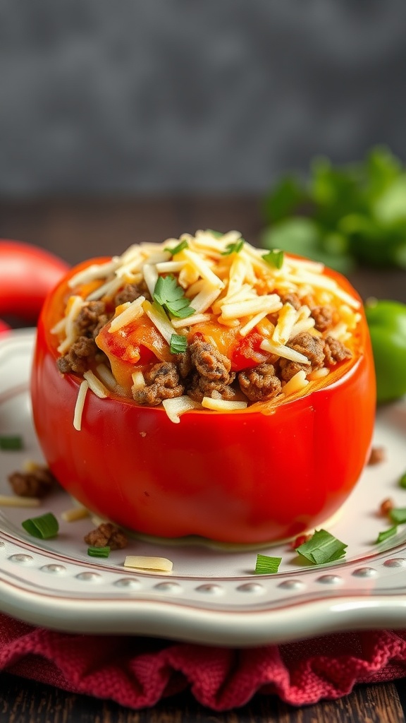 A vibrant stuffed red bell pepper filled with ground beef, cheese, and veggies on a decorative plate.