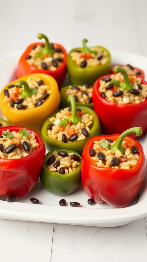 Colorful stuffed bell peppers filled with rice and beans on a white plate