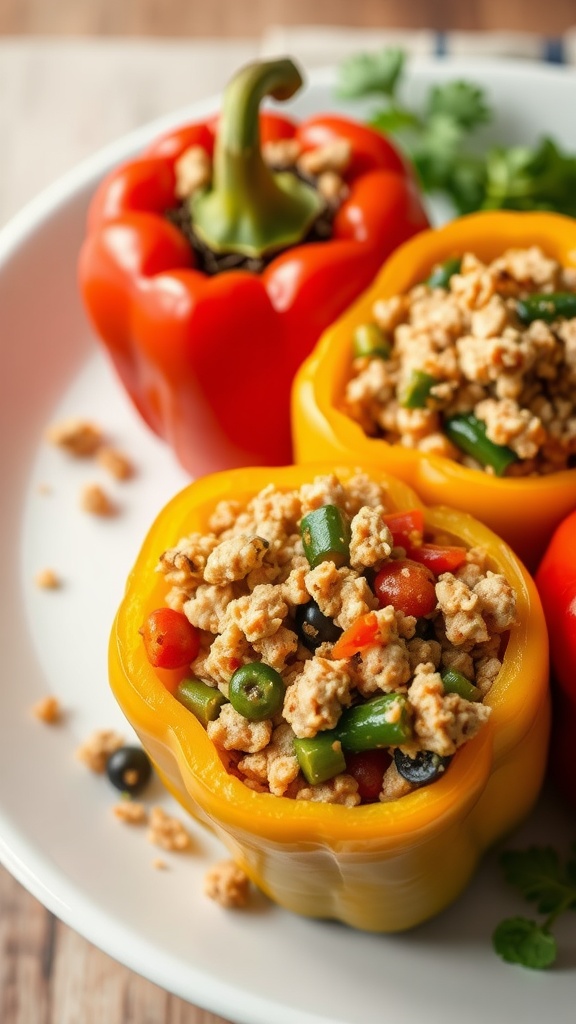 Colorful stuffed bell peppers filled with ground turkey and vegetables