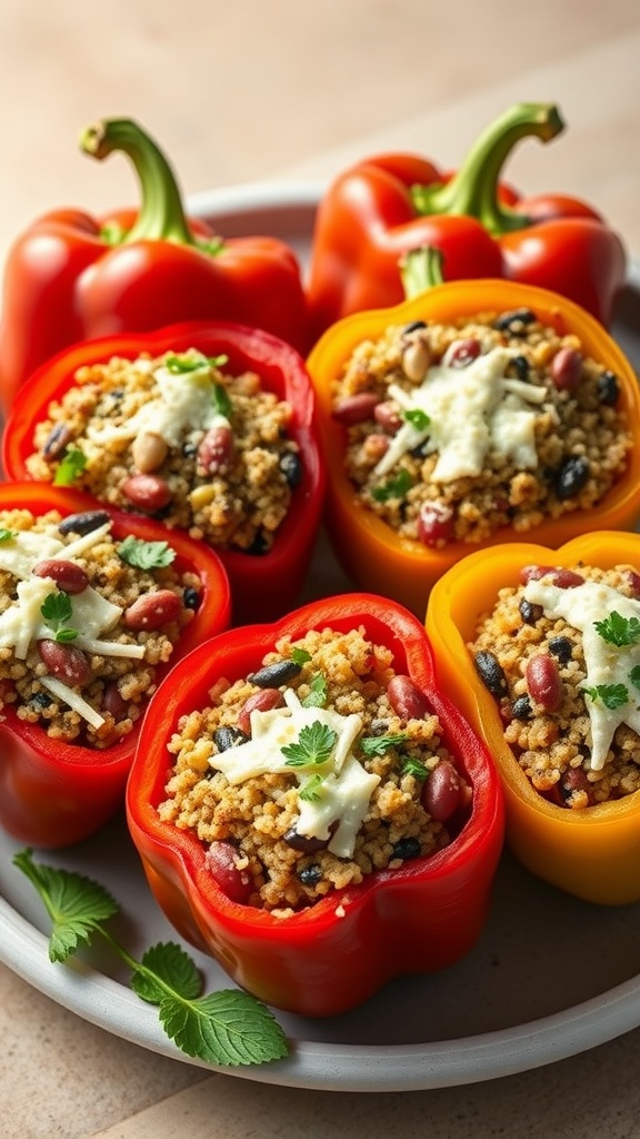 A plate of stuffed bell peppers filled with quinoa, beans, and topped with cheese