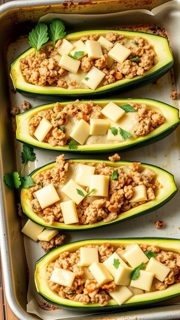 Stuffed zucchini boats filled with ground turkey and topped with cheese, garnished with fresh herbs.