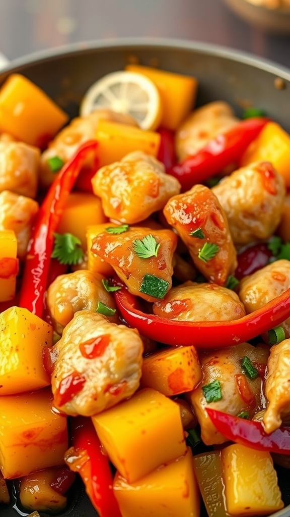 A colorful plate of Sweet and Sour Chicken Stir-Fry with red peppers and mango chunks.