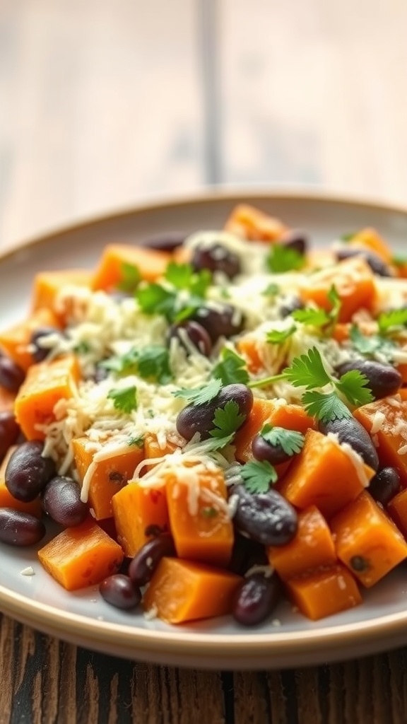 A plate of sweet potato and black bean casserole topped with cheese and cilantro