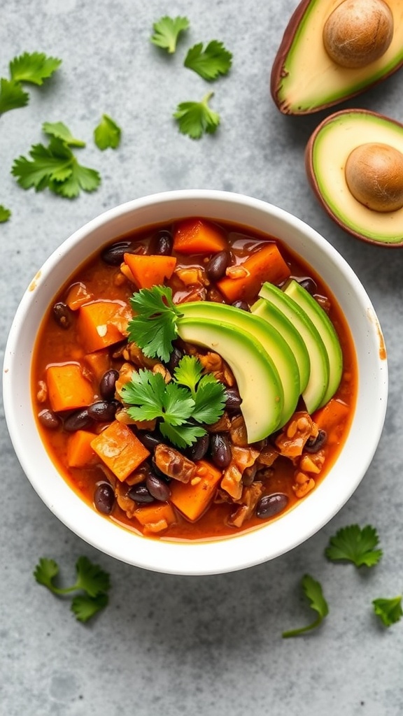 A bowl of Sweet Potato and Black Bean Chili topped with avocado slices and cilantro, with fresh avocado halves on the side.