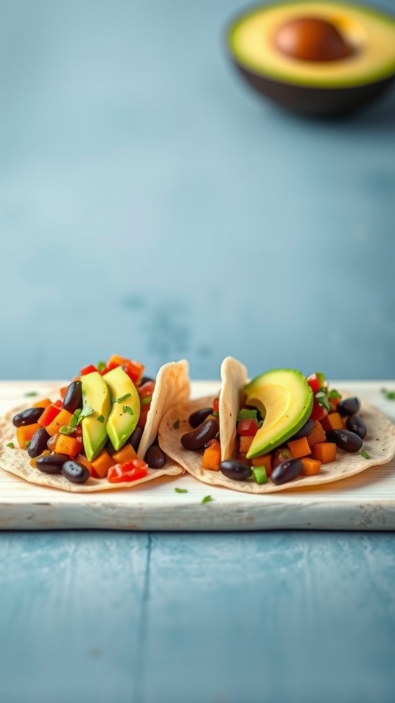 Sweet potato and black bean tacos with avocado and fresh vegetables