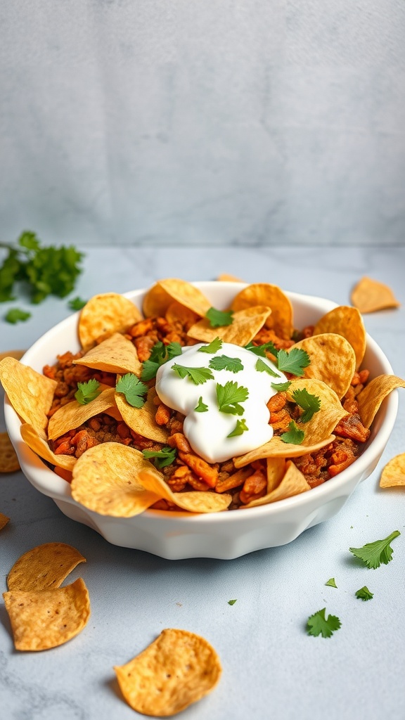 A bowl of taco casserole topped with tortilla chips, sour cream, and cilantro.