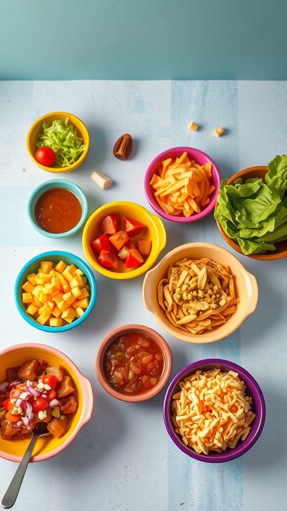 Colorful bowls filled with various taco toppings like lettuce, tomatoes, cheese, and salsa for a build-your-own taco night.