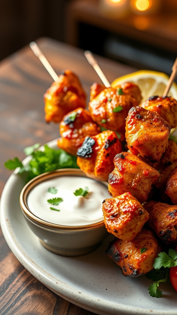 A plate of tandoori chicken skewers served with a creamy dip and garnished with cilantro and lemon.