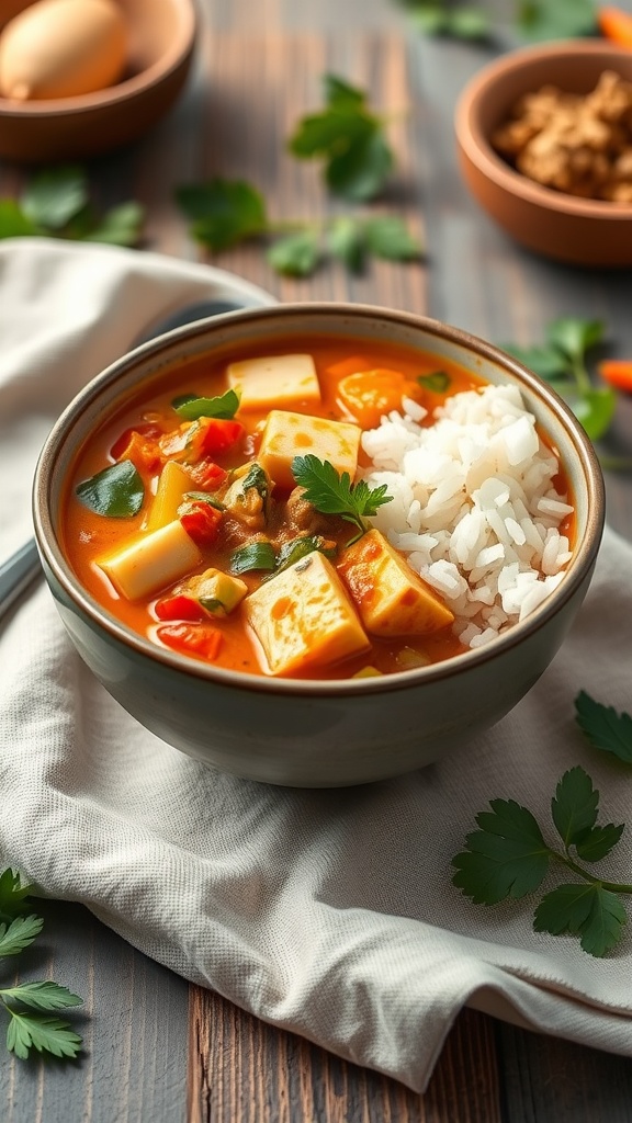 Bowl of Thai coconut curry with tofu and rice, garnished with cilantro on a wooden table