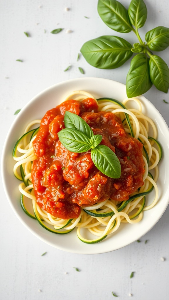 A bowl of zoodles topped with tomato sauce and basil