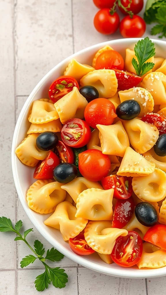 A bowl of tortellini salad with cherry tomatoes and black olives