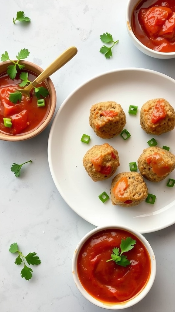 Plate of turkey and veggie meatballs with sauce and garnishes