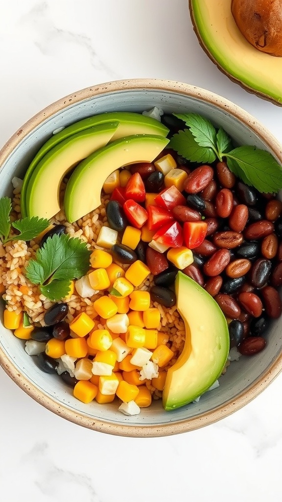 A colorful vegan burrito bowl with rice, black beans, kidney beans, corn, tomatoes, avocado, and cilantro.