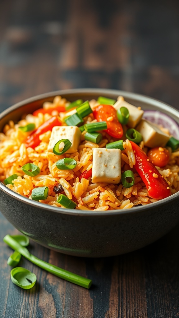 A bowl of vegan fried rice with tofu and colorful vegetables