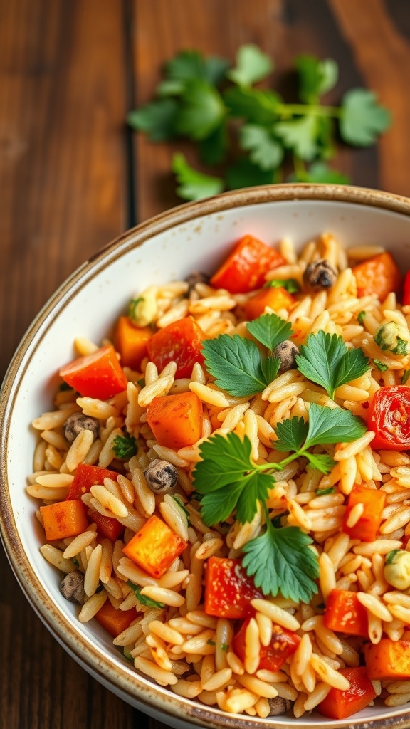 A bowl of colorful vegan jambalaya made with orzo pasta, red bell peppers, and fresh herbs.