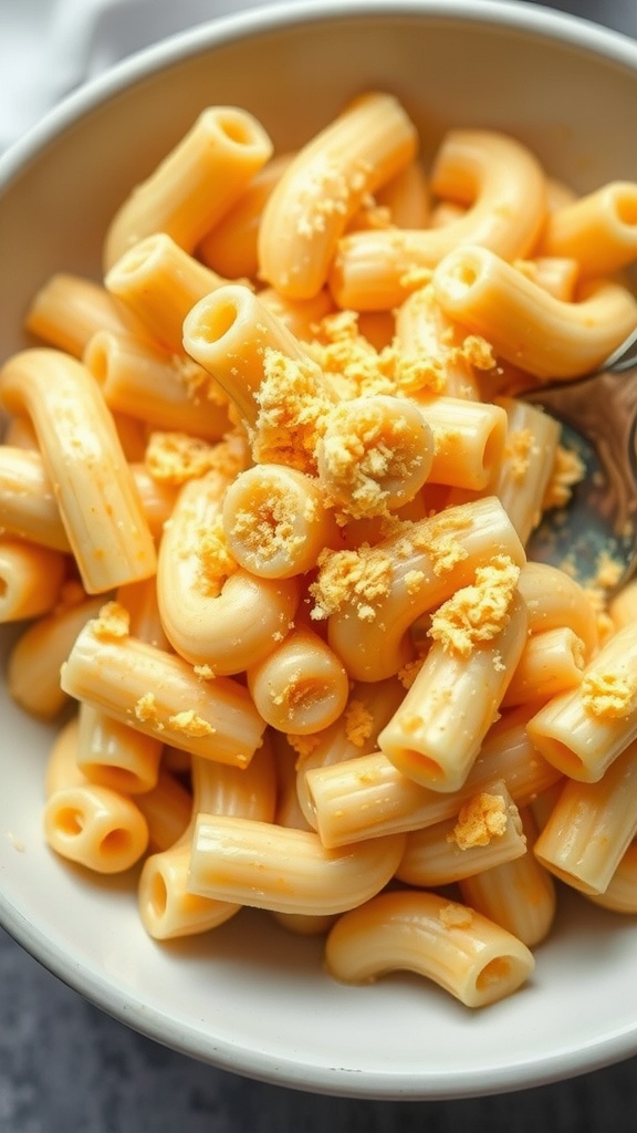 A bowl of creamy vegan mac and cheese with macaroni pasta and a sprinkle of cheese on top.