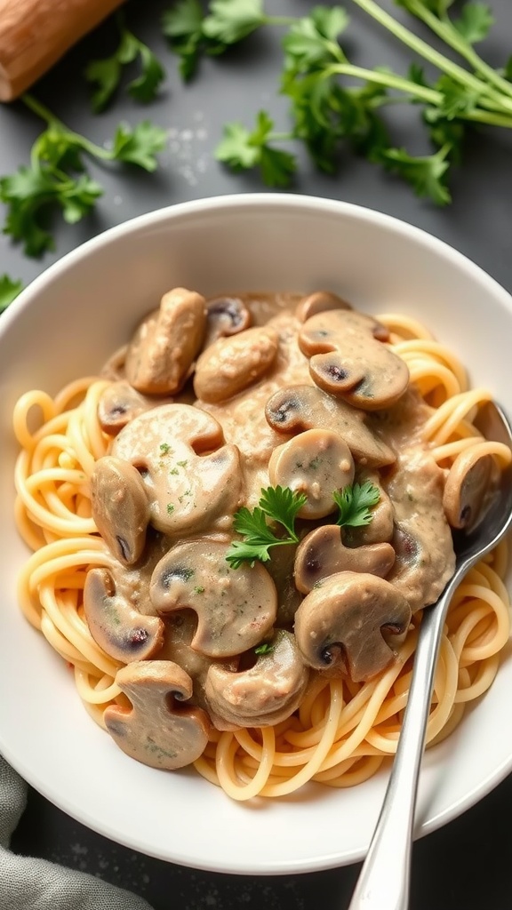 A bowl of vegan mushroom stroganoff with spaghetti, garnished with parsley.