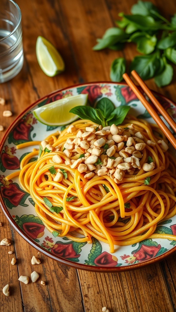 A plate of vegan Pad Thai with noodles, peanuts, and lime on a wooden table.