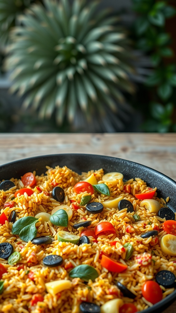 A close-up view of a colorful vegan paella with rice, cherry tomatoes, olives, and fresh basil.