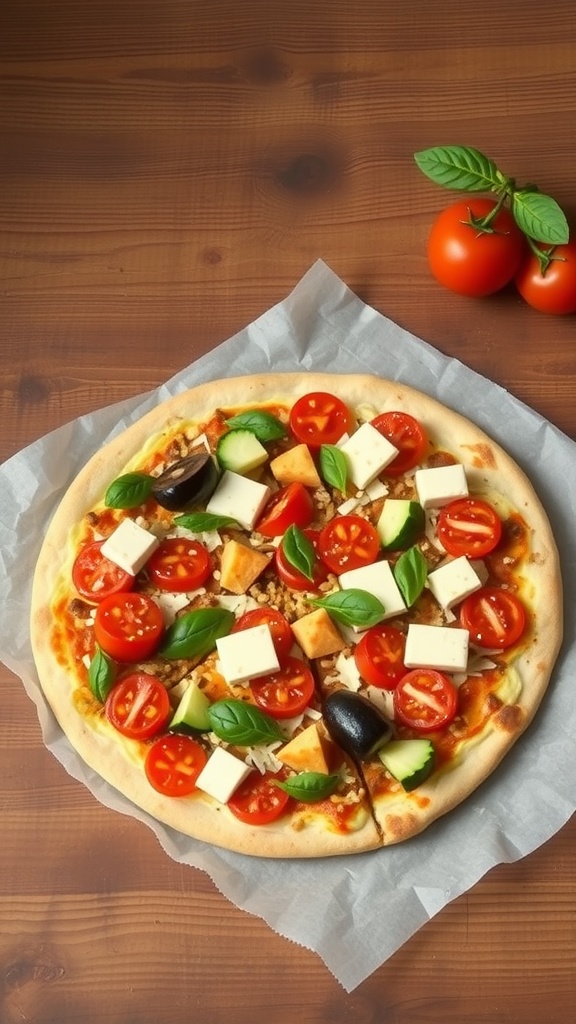 A freshly made vegan pizza topped with cherry tomatoes, cucumber, vegan cheese, and basil leaves on a wooden table.