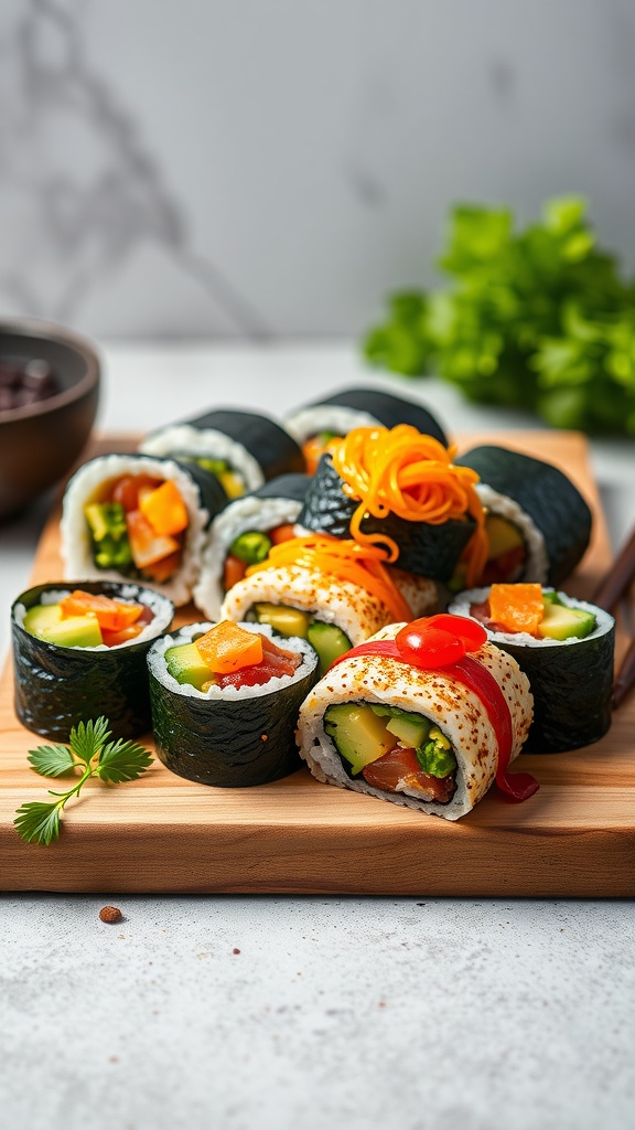 A variety of vegan sushi rolls with colorful vegetable fillings arranged on a wooden platter.