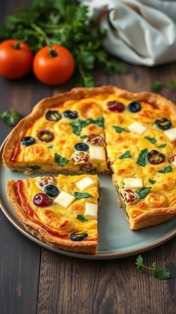 A sliced vegetable and cheese frittata bake on a plate, with fresh tomatoes and herbs in the background.