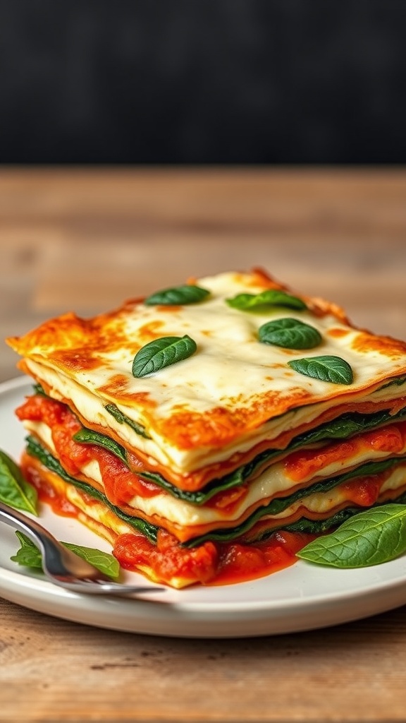 A delicious looking vegetable lasagna layered with spinach and topped with fresh basil leaves.