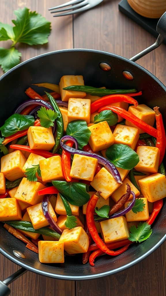 A colorful vegetable stir-fry with tofu in a pan, featuring bell peppers, green beans, and leafy greens.